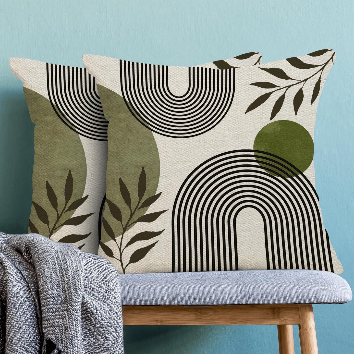 Boho Summer Pillow Covers 18x18 Inch 2 Pcs, Sage Green and Tropical Leaf Outdoor Decorative Throw Pillows, Mid Century Abstract Art Farmhouse Decor Pillowcase Linen Cushion Cover for Couch Sofa