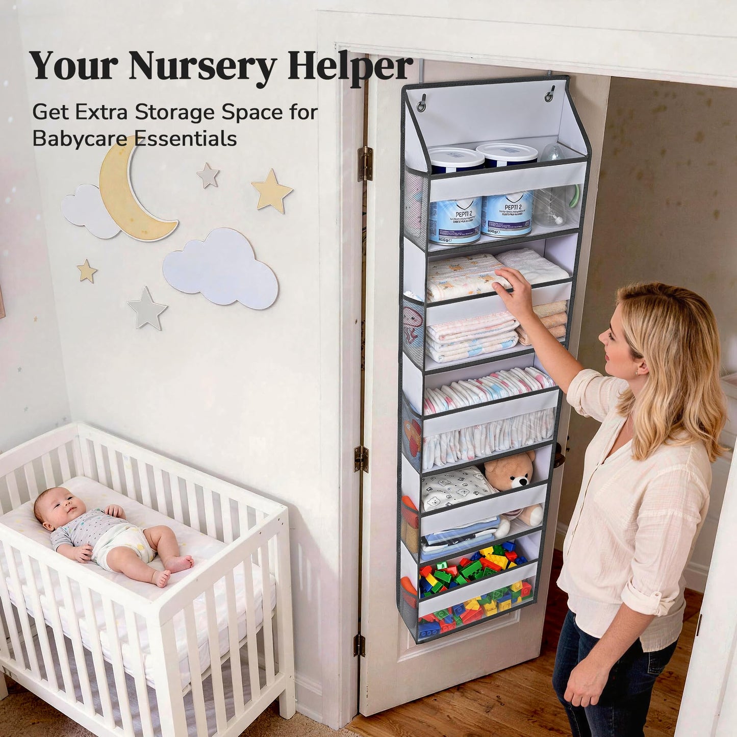 Ordovibe 5 Tiers Ultra-thin Over Door Organizer with 10 Mesh Side Pockets, 44 lbs Weight Capacity Hanging Storage Organizer with Clear Window Kids Toys, Shoes, Diapers, White & Grey