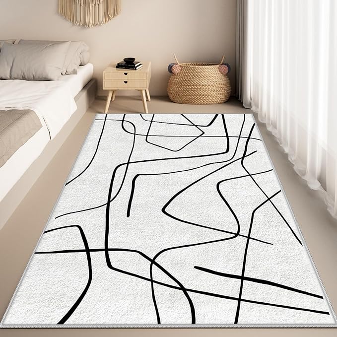 Black and White Rug - Abstract Area Rug, Black and White Rugs for Living Room, Modern Minimalist Washable Rugs, Contemporary Carpet Non Slip Home Decor, Curve 5x6