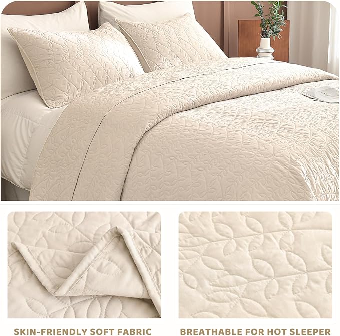 Sanracie Oversized Queen Quilt Bedspread Set 102"*118", 100% Cotton Coverlet Queen Size Wheat Colored Super Soft and Cozy Extra Large Cloud Leaves Quilting Bed Quilts for All Season
