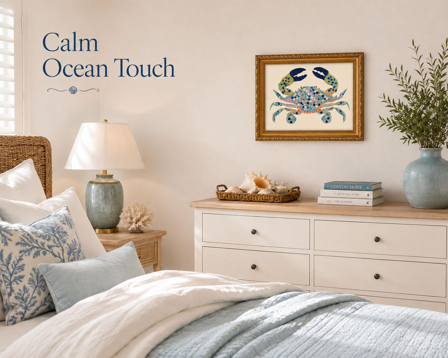 Gold Framed Coastal Watercolor Blue Crab Canvas Wall Art 9x11in