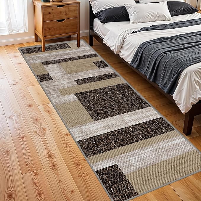 Modern Geometric Patchwork Long Hallway Rug Runners, 1.3x7ft, Neutral Brown Geometry Aesthetic Entrance Carpet, Absorbent Washable Foldable No Crease High Traffic Mat for Laundryroom