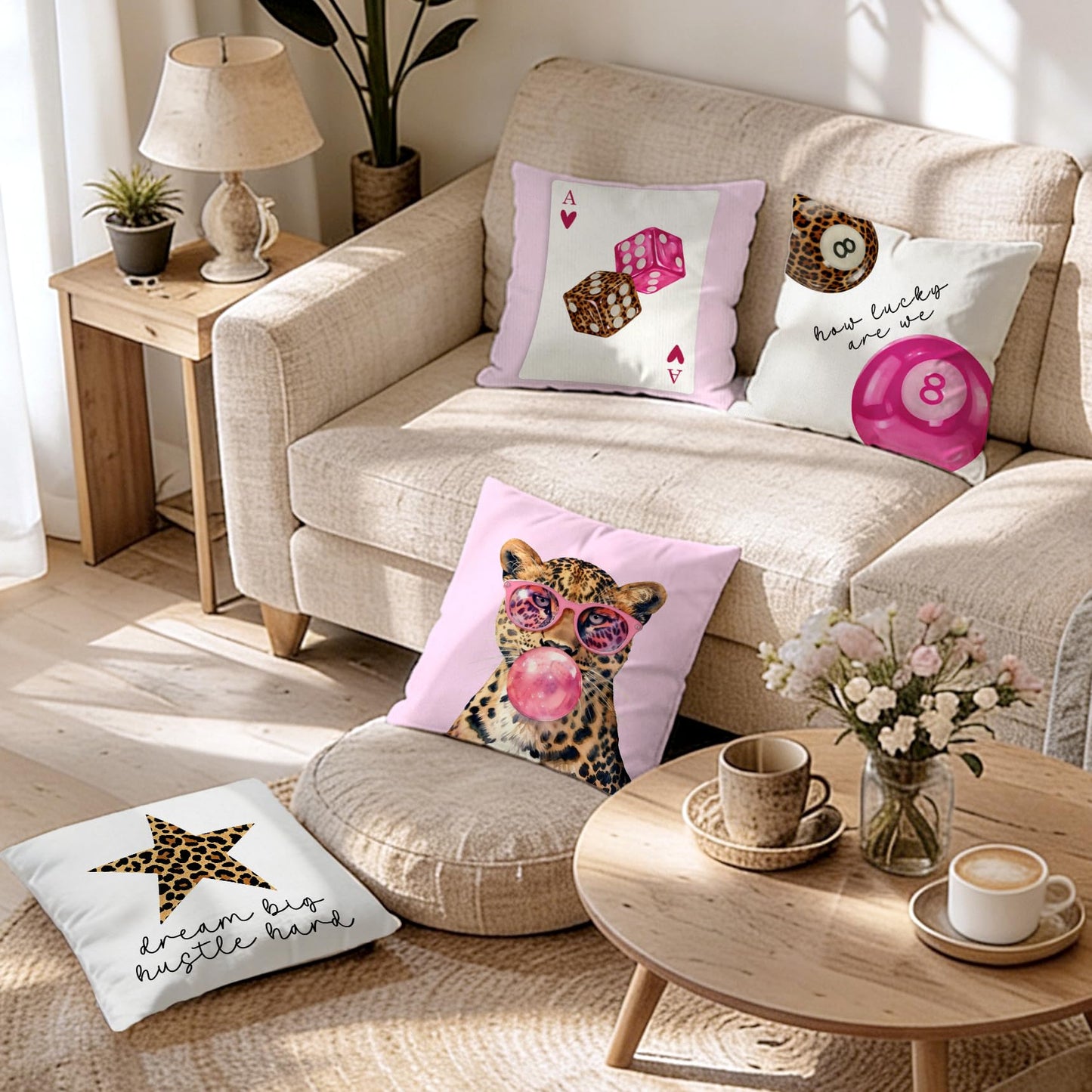 QITUF Pink Y2K Cheetah Pillow Cover 18x18 Set of 4, Trendy Leopard Lucky 8 Balls Throw Pillow Cover Decor for Teen Girls Dorm Bedroom, Preppy Retro Cheetah Print Decorative Pillowcase for Couch Sofa