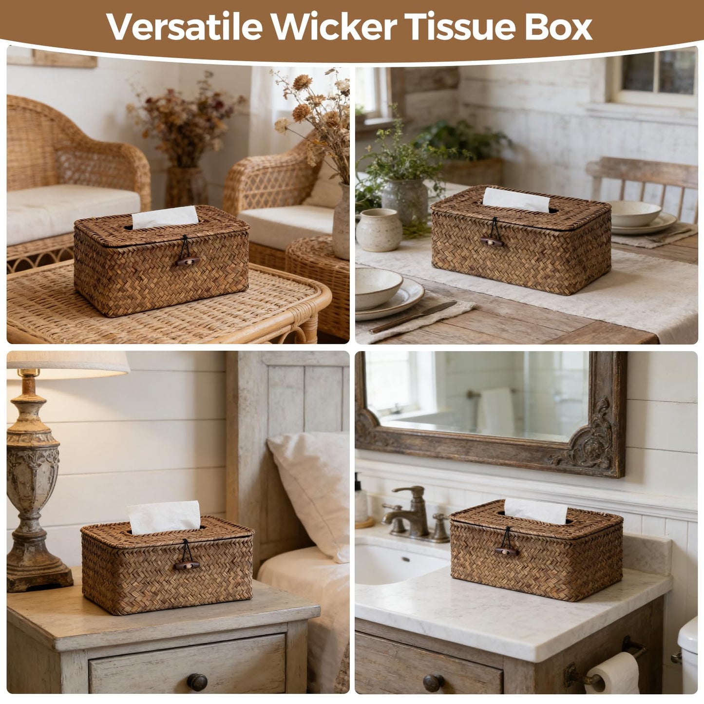 Rectangle Wicker Tissue Box Cover, Natural Seagrass Tissue Box Holder with Lid, Woven Tissue Box Decorative Facial Tissue Holder for Bathroom Office Table, Brown