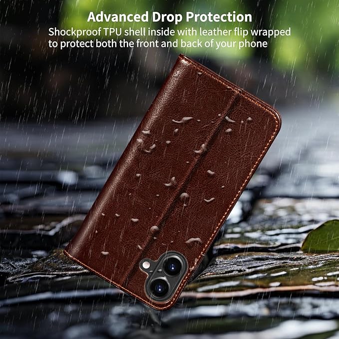 Belemay Leather Wallet Case Compatible with iPhone 17, Premium Cowhide Leather Two-Tone Effect, RFID Blocking Card Holders, Shockproof TPU Shell, Kickstand, Protective Flip Cover, 6.3", Brown