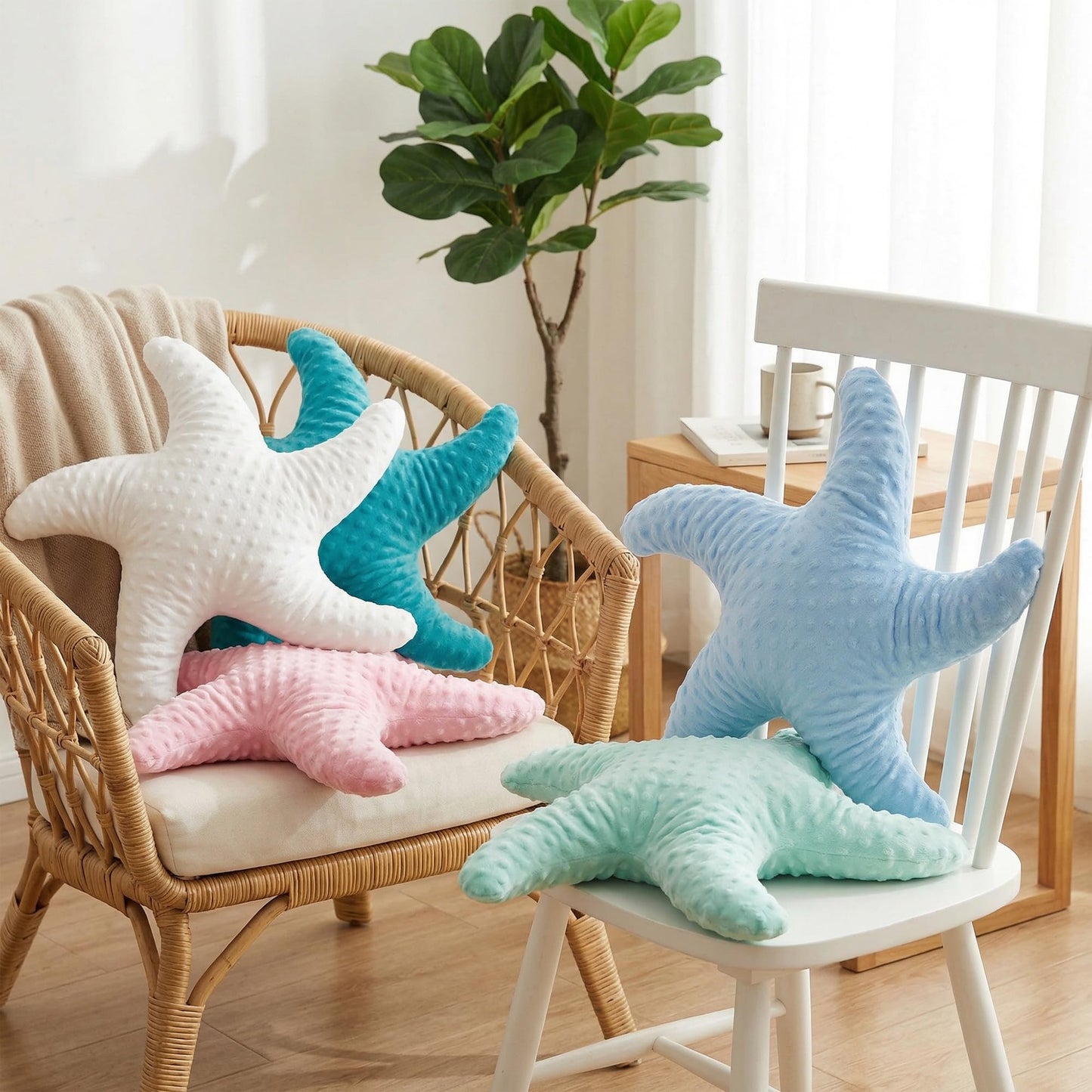 XIAIJIA Starfish Pillow Decorative Throw Pillow, 19.68x19.68 Inch Coastal Beach Pillow, Ocean Decor Beach Themed Room Accent Pillow for Couch Bed Bedroom（White）