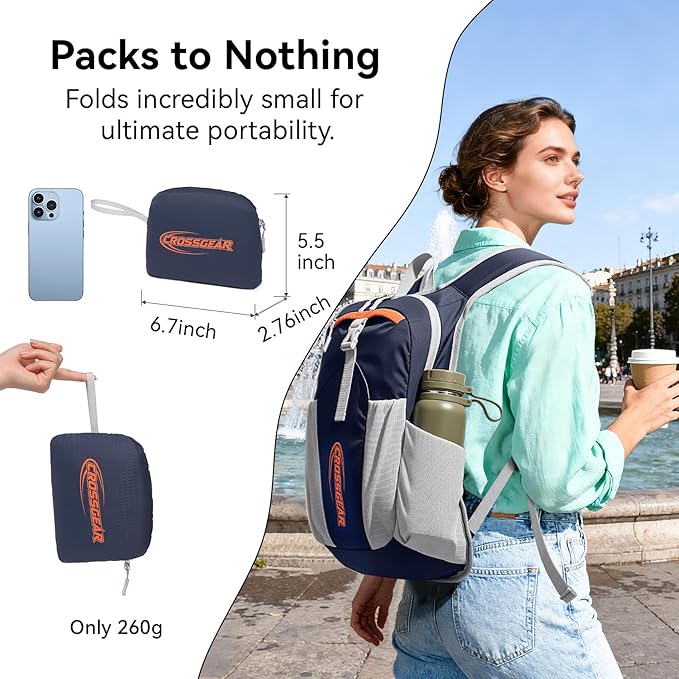 CROSSGEAR 16L Lightweight Hiking Backpack, RFID Foldable Packable Backpack for Women Men, Water Resistant Small Hiking Daypack Navy Blue