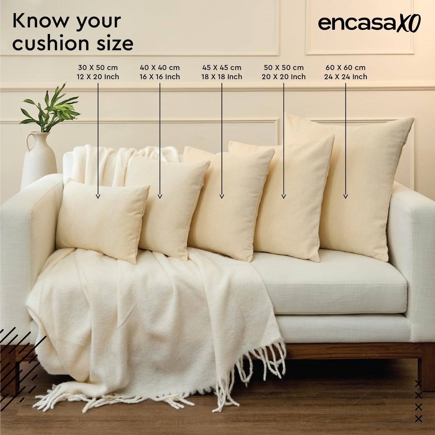 Encasa XO Thick Chenille Throw Pillow Covers Set of 2 | Buff - (24"x24") (60x60 cm) | Decorative Accent Square Throw Pillow Cases for Couch, Home Decor, Sofa