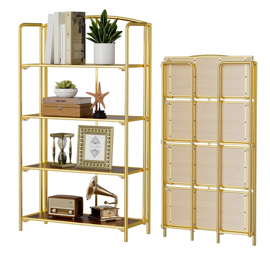 Crofy 4-Tier Wider Foldable Bookshelf, Gold Frame & Walnut Shelves