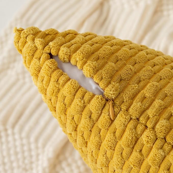 Kevin Textile Throw Pillow Covers Soft Corduroy Decorative Set of 2 Boho Striped Pillow Covers Pillowcases Farmhouse Home Decor for Couch Bed Sofa Living Room 18x18 Inch Mustard Yellow