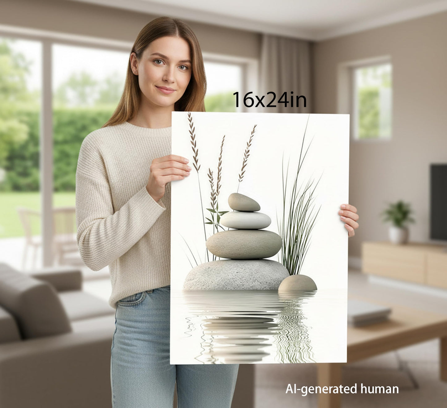 KBIERQN Zen Stone Canvas Wall Art Stacked Stones in Water Poster Print Tranquil Wild Grass Painting Picture for Spa Yoga Meditation Room Bathroom Wall Decor 16x24in Framed Ready to Hang