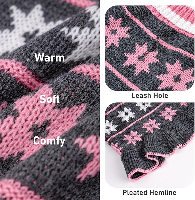 KYEESE Dog Sweater Fall Winter Dogs Clothes Warm Dog Coats Knit Turtleneck Pet Sweater Dress with Classic Snowflake Pattern Pullover for Girl Pet Sweater with Leash Hole for Small Dogs, Grey, Small