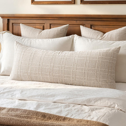 MIULEE Long Lumbar Throw Pillow Cover 14x36 Soft Linen Check Decorative Pillowcase Pack of 1 Vintage Farmhouse Textured Accent Cushion Cover for Sofa Couch Bedroom Living Room, Natural Beige