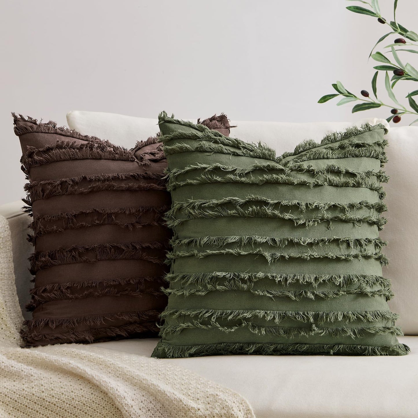 MIULEE Decorative Boho Throw Pillow Covers Set of 2 Dark Brown Chocolate Modern Linen Striped Jacquard Pattern Farmhouse Neutral Cushion Covers for Sofa Couch Living Room Bedroom 20x20 Inch Home Decor