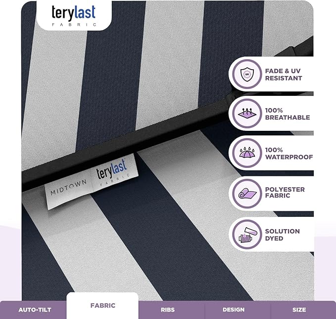 Midtown Umbrellas 10-Year-No-Fade - 6 Ft - UV Proof Navy/White Stripe Polyester Fabric - Umbrella Outdoor Patio, Aluminum Frame Large Patio Umbrella for Garden, Pool & Deck - Black Pole