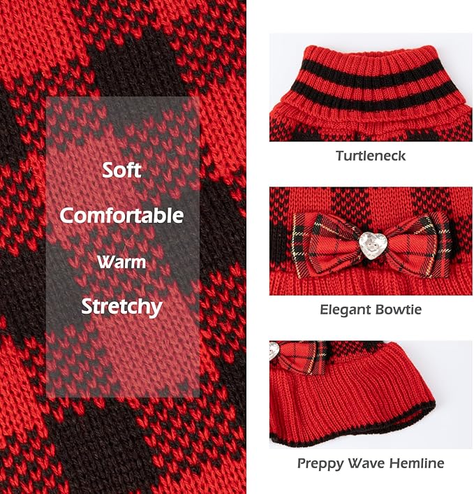 KYEESE Dog Christmas Sweater Dress with Bowtie Checkered, Turtleneck Dog Sweater for Small Dogs Girl with Leash Hole, Holiday Warm Pet Sweaters Dress, Red, X-Large