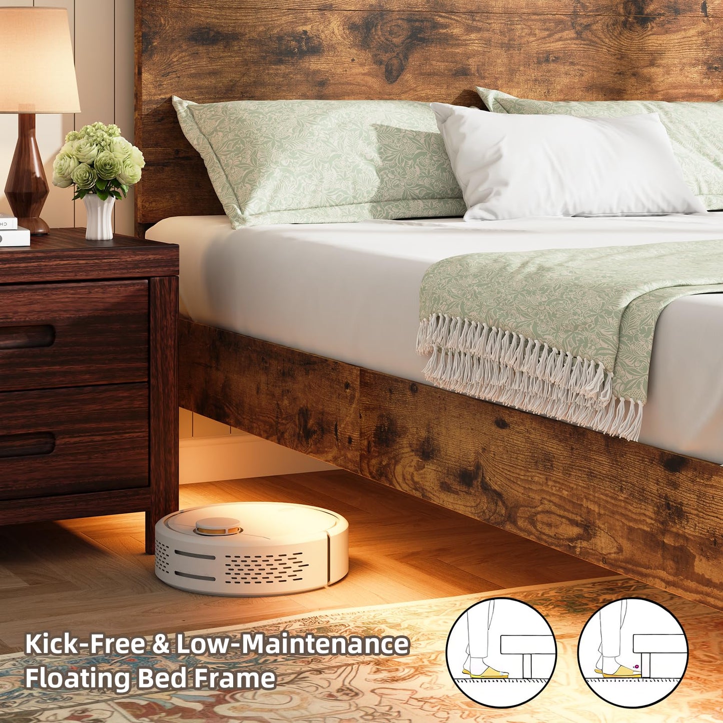 BarnFurin Floating Bed Frame Full with Led Lights, Wooden Bed Frame with Reading Light Headboard, Heavy Duty Metal Slats, No Box Spring Needed, Easy Assembly, Rustic Brown