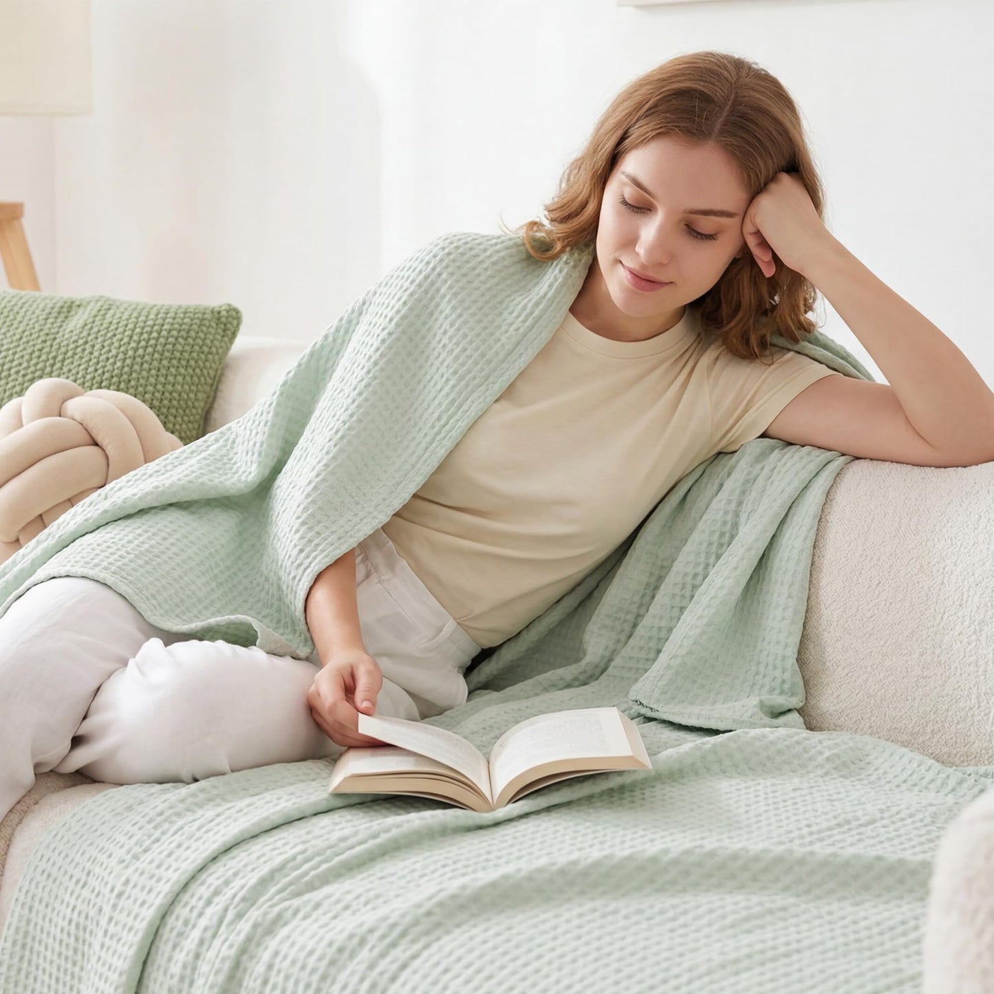 REDKISS Waffle Cooling Throw Blanket for Couch 60" x 90" - Lightweight Breathable Viscose Derived from Bamboo for Hot Sleepers, Soft Summer Blanket for Bed, Sage Green