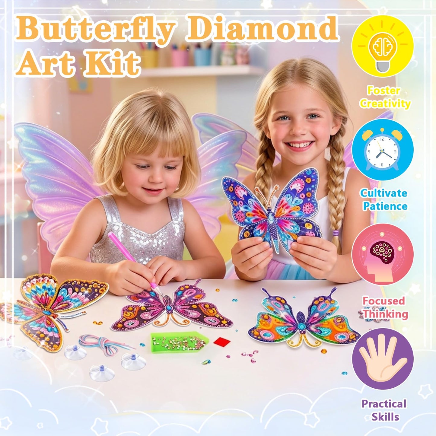 LCOZX 4 Pack Butterfly Diamond Art Window & Wall Art Kit, DIY Gem Art Suncatcher Crafts for Kids Ages 6-12, Birthday Gifts for Girls, Bedroom, Cabinet & Glass Decor