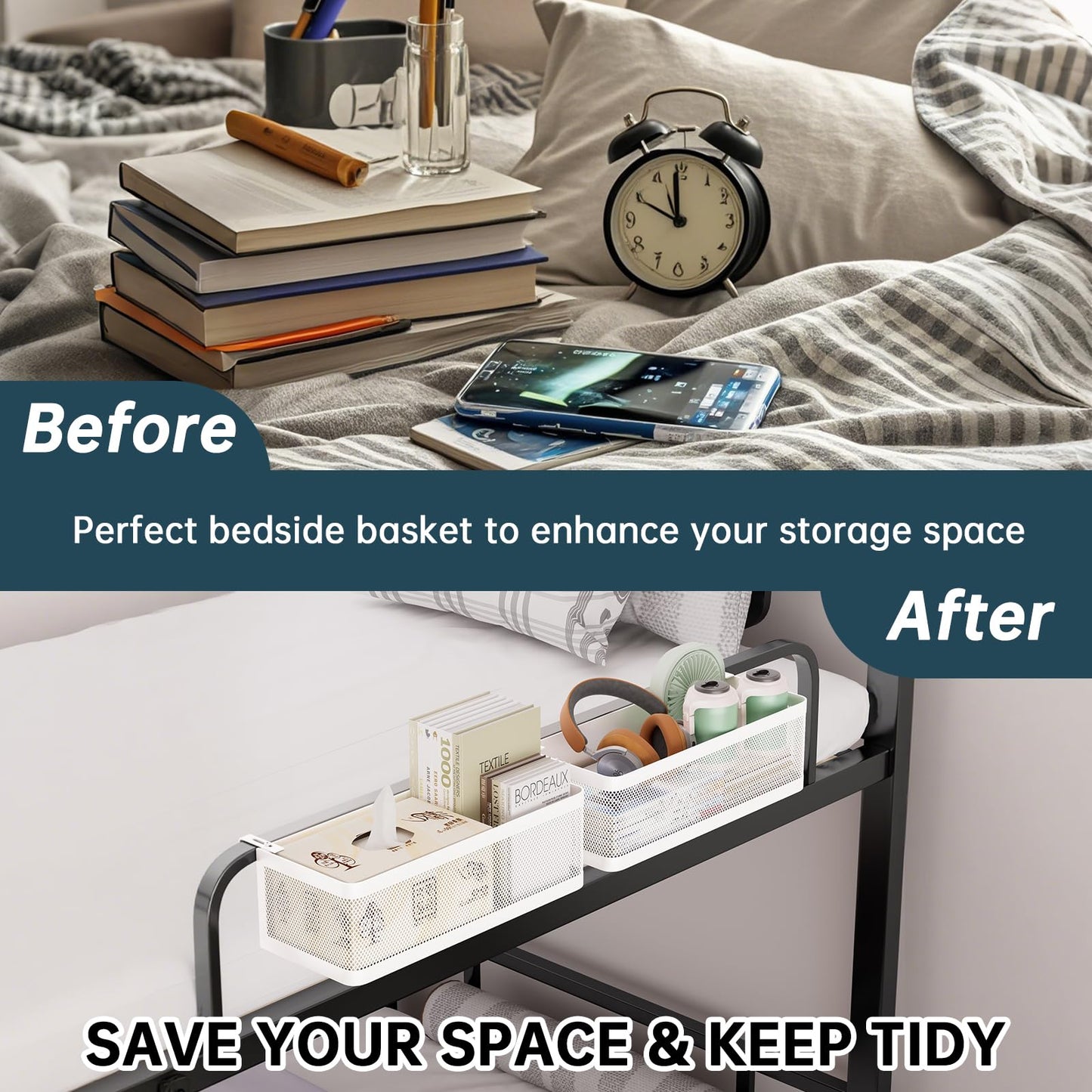 WOCUBEHOME Bedside Caddy Shelf for Bunk Bed & Dorm, Adjustable Bunk Bed Caddy Holder for Top Bunk, Rails, Cribs, Bedside Shelf Organizer for Phone/Books/Drinks (White, L(L11in*W4.9in*H3.93in))