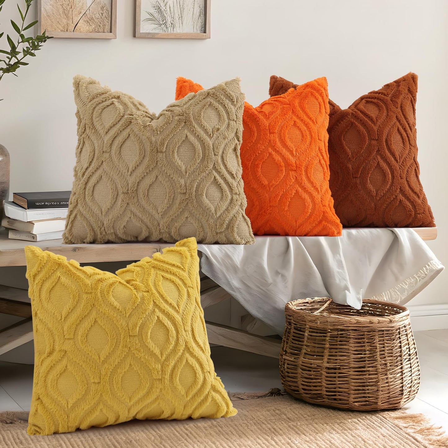 decorUhome Throw Pillow Covers 12x20 Inch Set of 2, Soft Plush Faux Wool Rust Solid Couch Pillow Covers, Accent Farmhouse Neutral Rectangle Pillow Cases for Sofa Bed Living Room