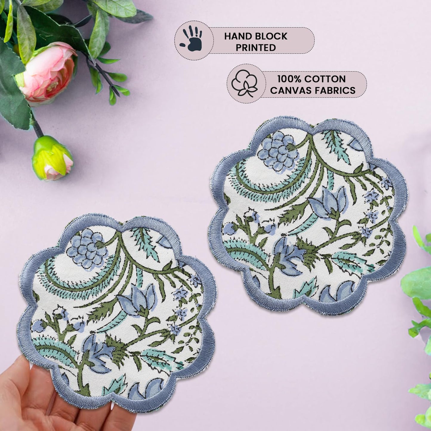 Ridhi Hand Block Print 8- pcs Canvas Cotton Drink Absorbent Stylish Embroidery Scallop Coaster Set Boho Modern Home Decor and Wooden Table Protection 5 inch Columbia Blue