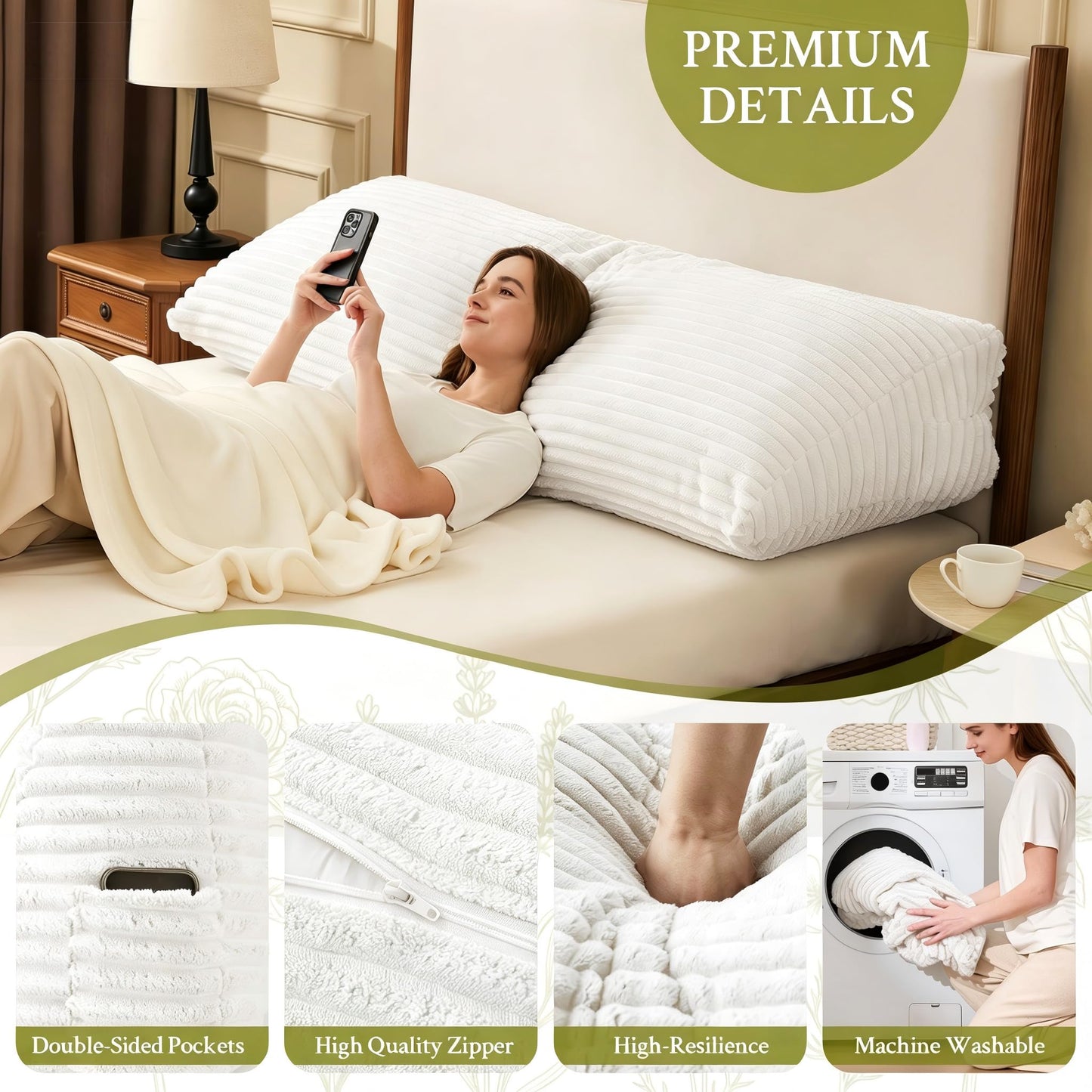 Zonamat Headboard Pillow Queen, Headboard Wedge Pillow, Back Rest Pillows for Sitting, Reading, Working, Triangle Pillow with Removable Cover, Daybed Pillows for Bed Dorm Sofa, White