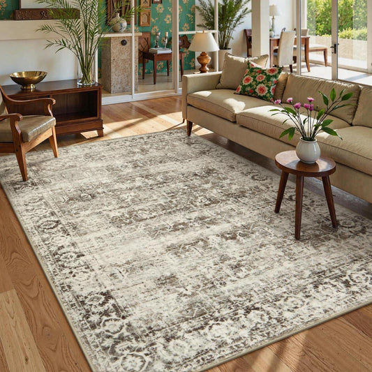 Lahome Margot Washable Rugs 5x7 Boho Living Room Area Rug,Soft Throw Bedroom Area Rug,Retro Distressed Non-Slip Low-Pile Accent Rug Indoor Carpet for Entryway Office Home Decor(5 x 7,Beige)