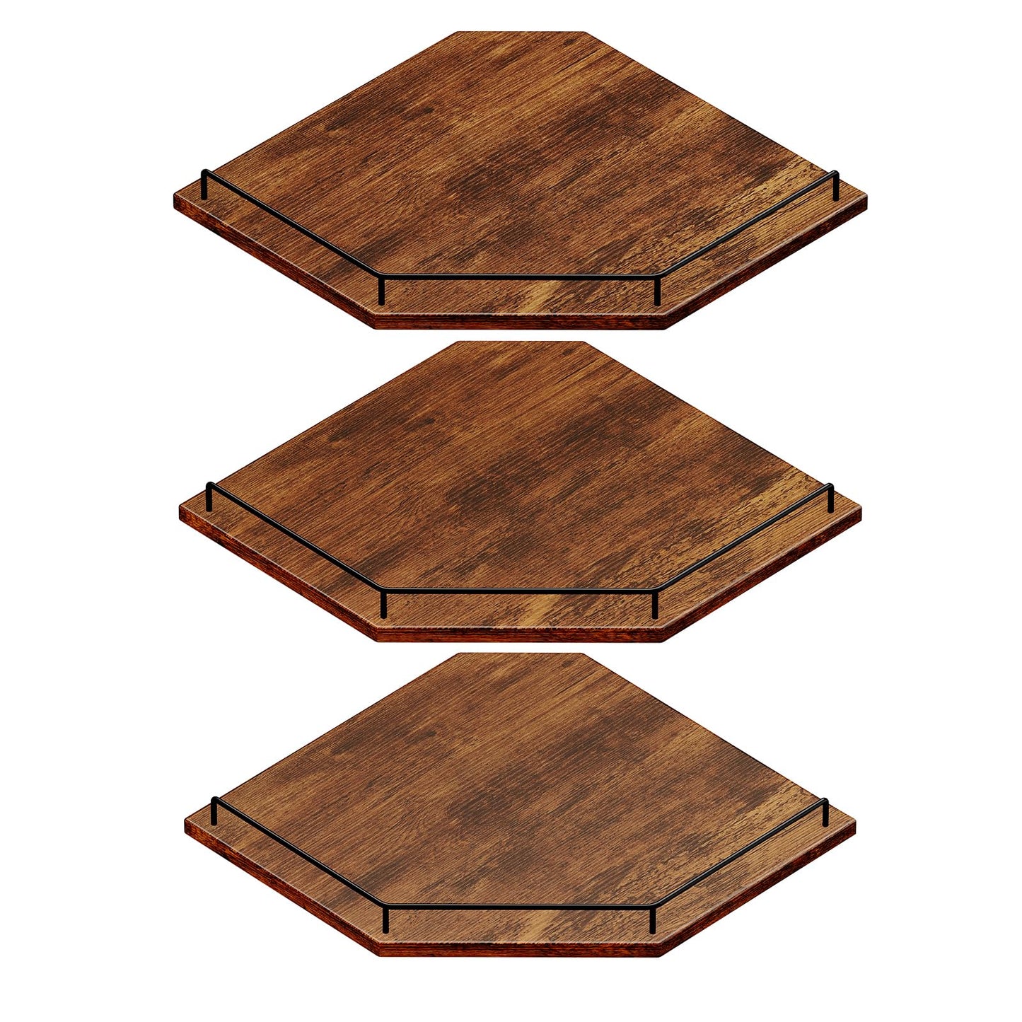 JJL Corner Shelf Wall Mounted, 12 Inches 3-Tier Floating Corner Shelf, Hexagon Rustic Wood Decor with Fence, Brown Storage Organizer for Apartment Bedroom Kitchen Bathroom