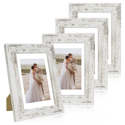 Hongkee 4x6 Picture Frame Set of 4, Made of Real Glass and Distressed White Wooden Frame, 4 by 6 Photo for Wall or Tabletop - Display Picture 3.5x5 with Mat or 4x6 Without Mat