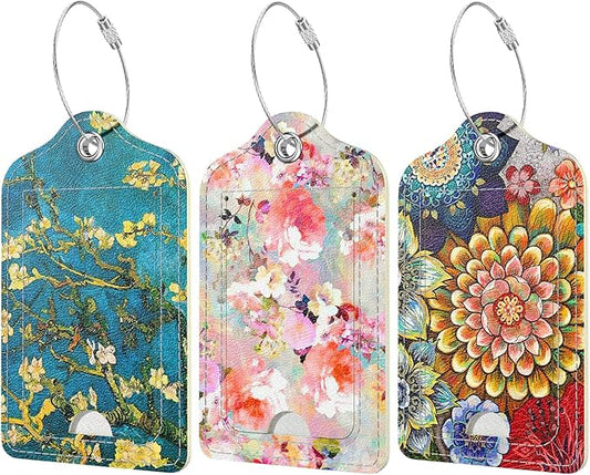 Rimilak 3 Pcs PU Leather Luggage Tags for Suitcase, Travel Cruise Luggage Tag with Privacy Flap, Name ID Label and Metal Loop for Women Men Baggage Handbag School Bag Backpack, Watercolor Flowers