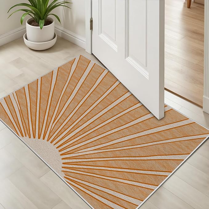 Boho Sun Print Area Rug for Living Room 7x9, Modern Abstract Non-Slip Washable Rugs, Soft Stripe Minimalism Carpet for Bedroom, Nursery, Entryway, Dining Room & Office Decor, Orange White