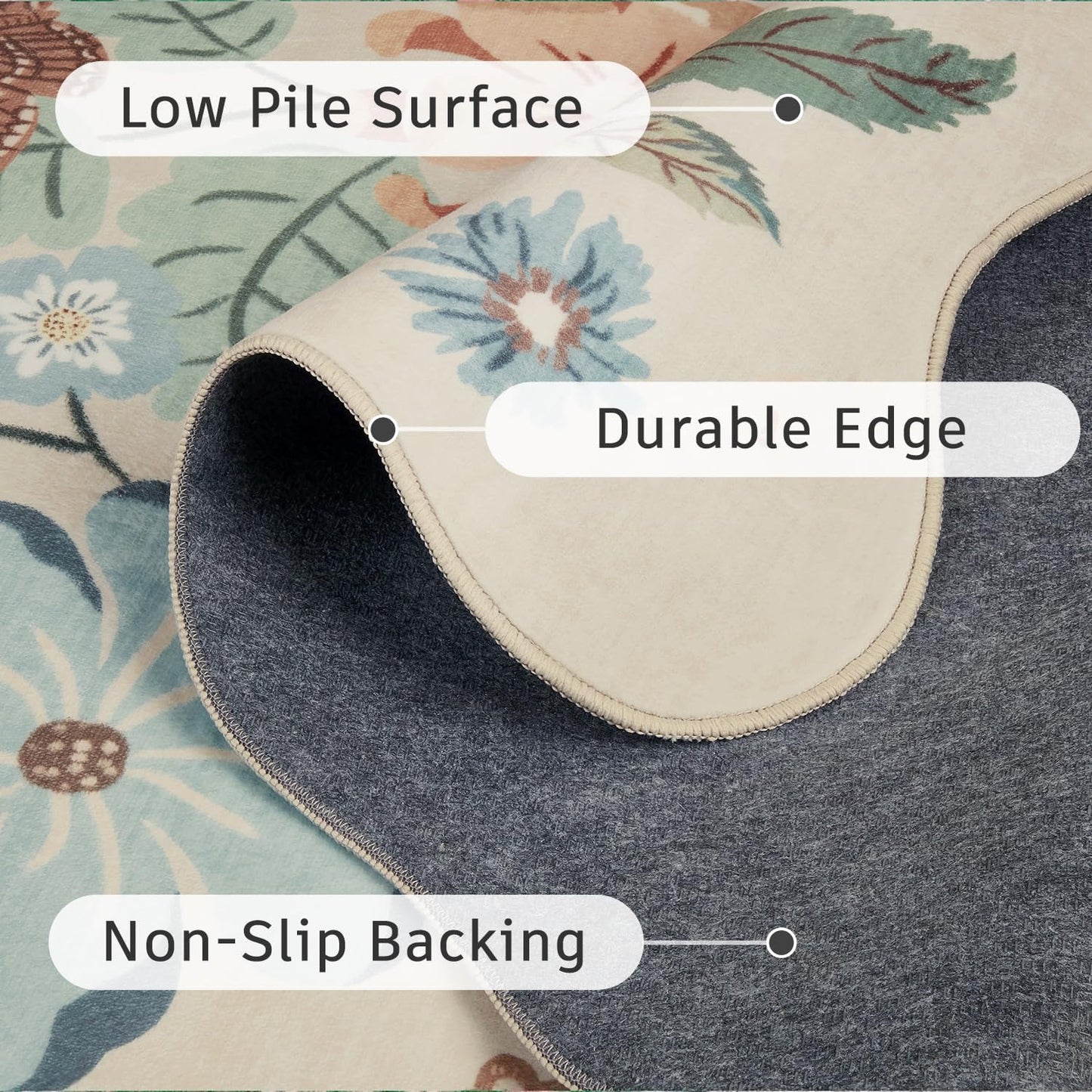 DCX Beige Floral Rug 5x7, Washable Beige Rug for Living Room, Kid & Pet Friendly with Rubber Back Non Slip, Soft Low Pile Carpet, Stain Resistant Rug for Bedroom, Nursery, Dining Room