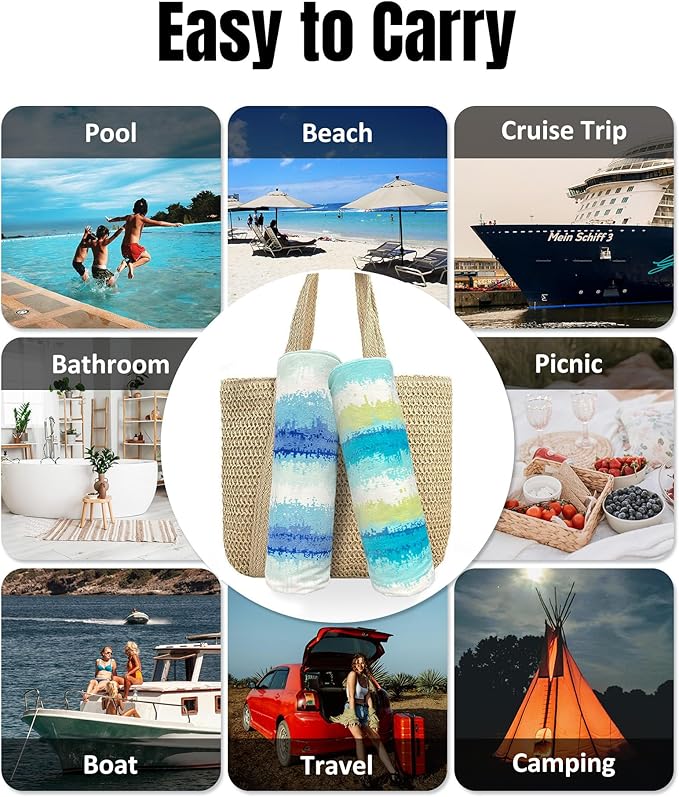 cabanana Large Beach Towel Oversized - Cotton Velour 35 x 70 Inch Coast Waves Camo Striped Terry Pool Towel, Cabana Soft Swimming Towel for Adults Women Men (Teal Green)