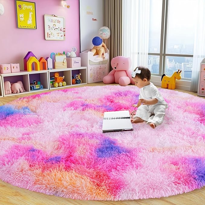 Round Fluffy Rugs 4Ft for Girls Bedroom, Dark Rainbow Shag Circle Kids Rug Non-Slip for Bedside Dorm Nursery Playroom, Soft Cute Area Rugs for Living Room Decor