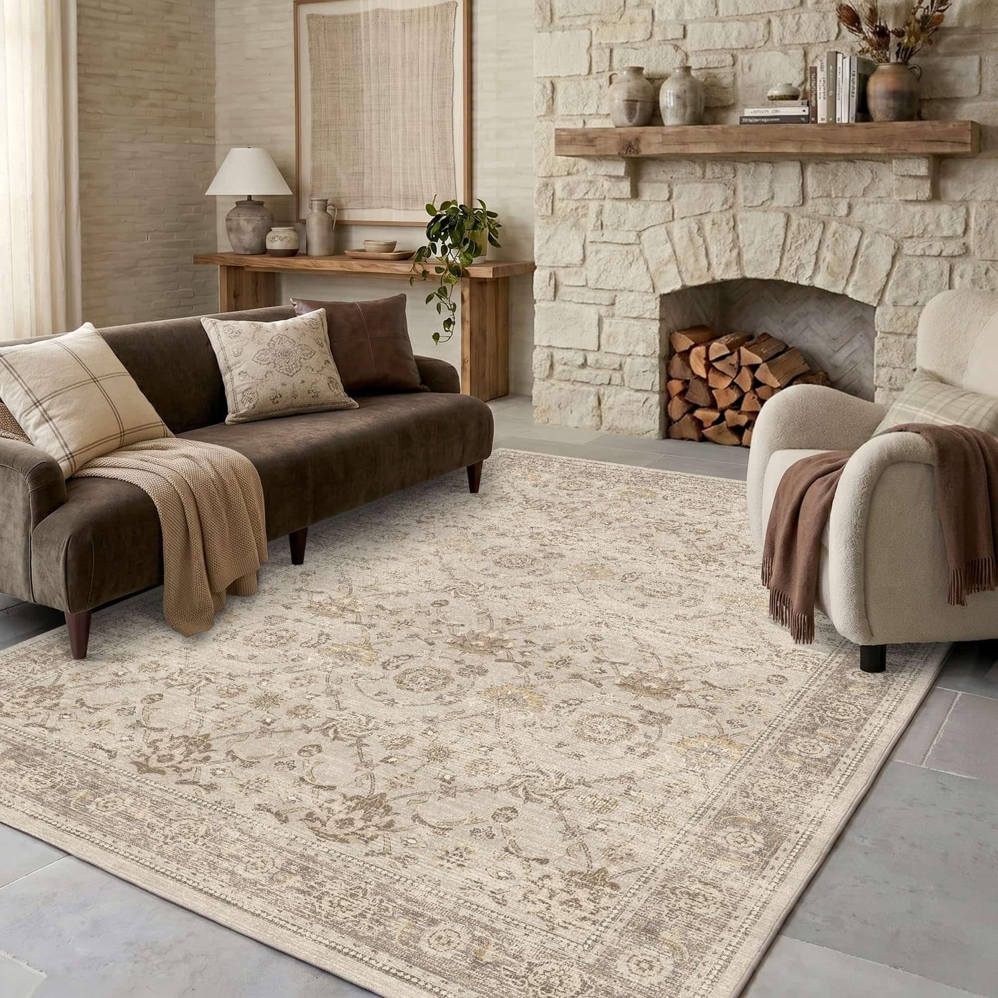 Lullosa Area Rugs 5x7 Washable Non-Slip, Beige Vintage Boho Traditional Carpet for Living Room, Nursery, Bedroom, Office, Laundry, Dining Room Table Rug