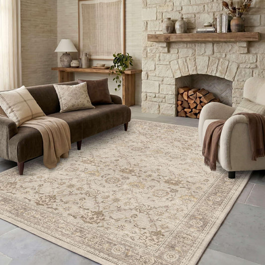 Lullosa Area Rugs 5x7 Washable Non-Slip, Beige Vintage Boho Traditional Carpet for Living Room, Nursery, Bedroom, Office, Laundry, Dining Room Table Rug