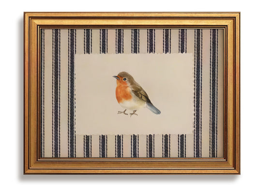 Vintage Gold Framed Bird Wall Art for Cottagecore Decor, Robin Illustration Canvas Prints, Striped Nature Artwork, Animal Oil Printings Pictures Wall Decor for Kids Room Bedroom 8x10 Inch