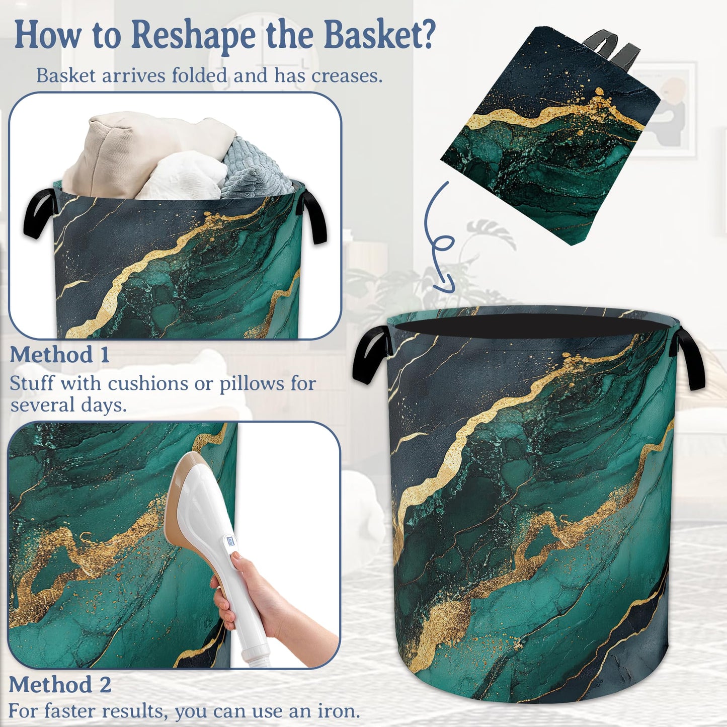 Marble Laundry Basket,Foldable Oxford Cloth Green Gold Flowing Marble Laundry Hamper With Handle, 20.8"x16" Portable Clothes Storage Basket Bag for Laundry Room/Bathroom/Bedroom/Dormitories