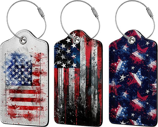 American Flag 3 Pack Luggage Tags, PU Leather Luggage Tags for Suitcase,Name ID Labels with Privacy Cover Suitcases and Metal Loop for Travel Bag Suitcase