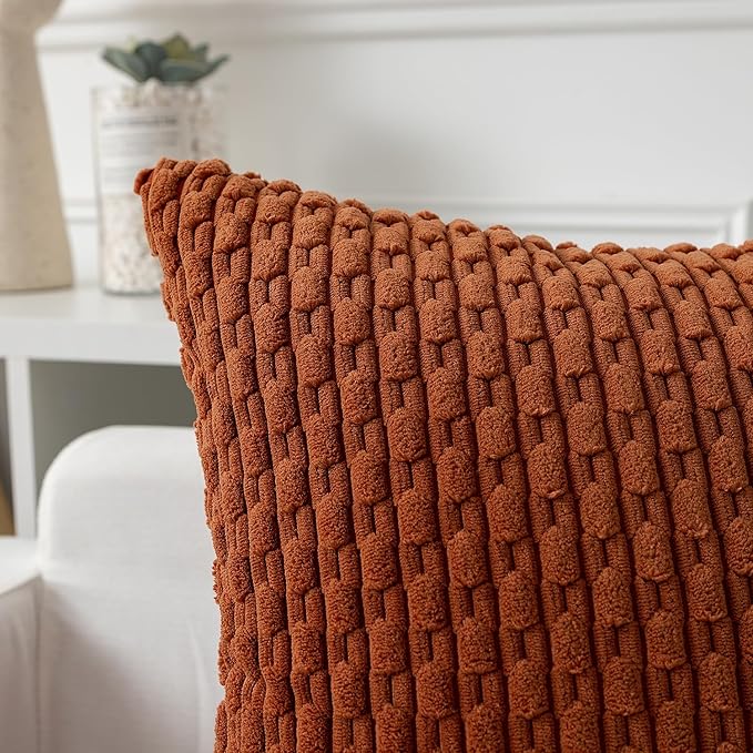 Kevin Textile Fall Throw Pillow Covers Soft Corduroy Decorative Set of 2 Boho Striped Pillow Covers Pillowcases Farmhouse Home Decor for Couch Bed Sofa Living Room 20x20 Inch Rust Brown