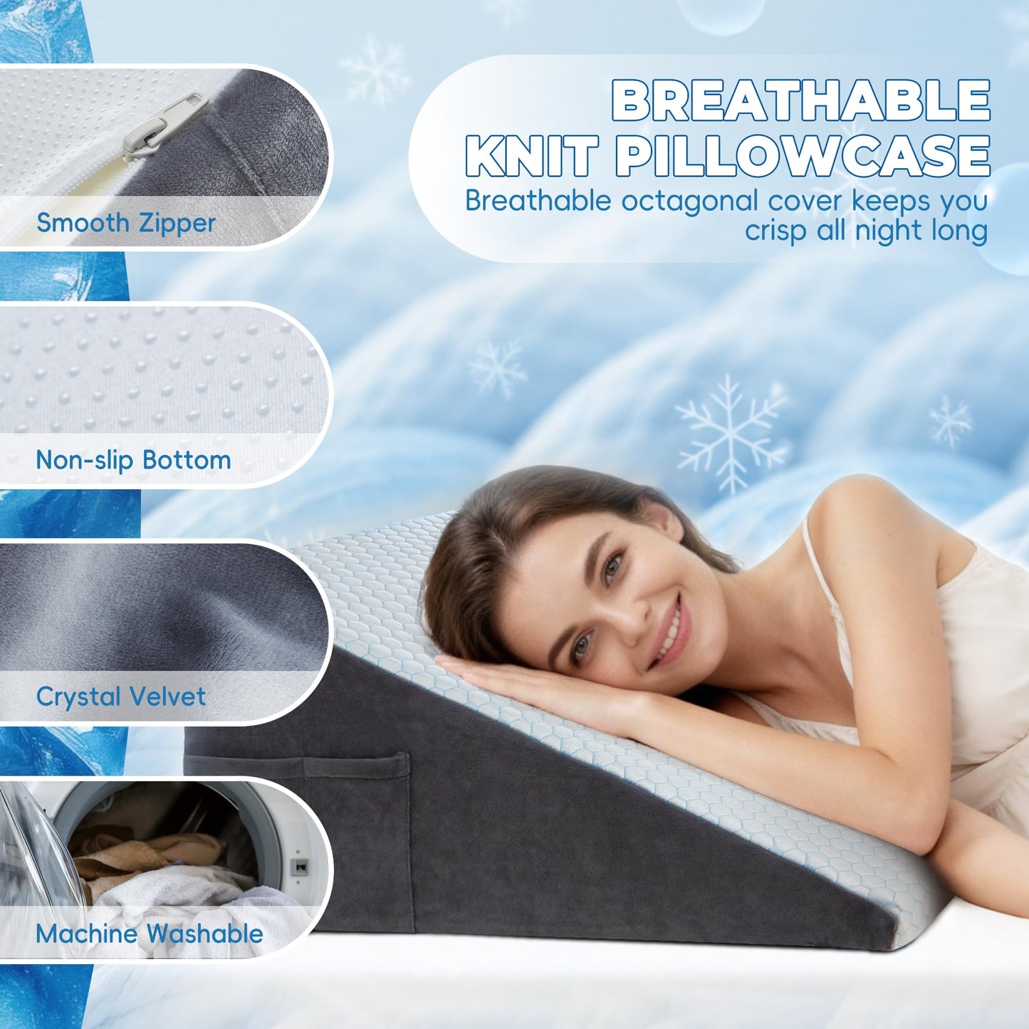 WOLKI Cooling Wedge Pillow for Sleeping - 12 Inch Bed Wedge Pillows for Acid Reflux Relief, After Surgery, Snoring Aid - Bed Wedge Pillow for Headboard - Elevated Triangle Pillow for Back, Leg Support