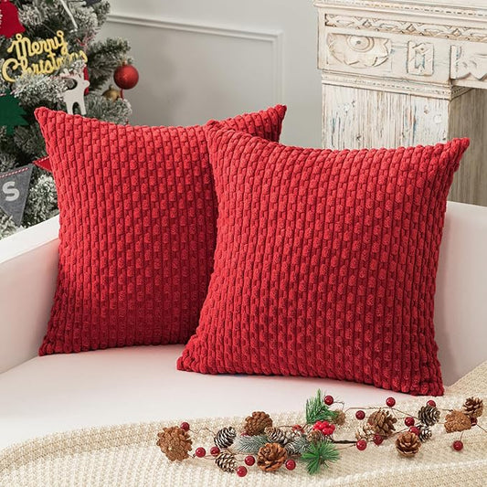 Kevin Textile Christmas Throw Pillow Covers Soft Corduroy Decorative Set of 2 Boho Striped Pillow Covers Pillowcases Farmhouse Home Decor for Couch Bed Sofa Living Room 18x18 Inch Red