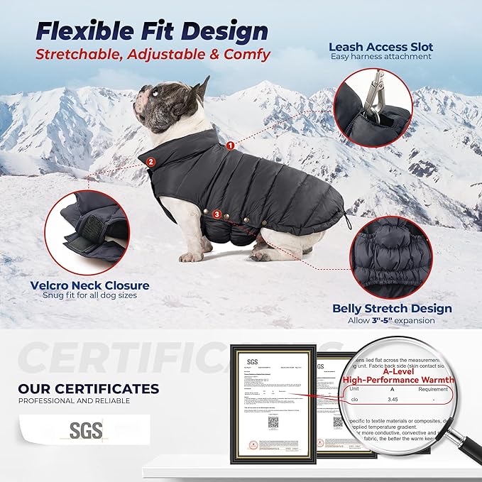 SPACE LION Dog Puffer Jacket, Down Winter Coat, Durable Outdoor Coat for Cold and Windy Conditions, Lightweight & Adjustable Fit Coats for Medium Dogs, (Black, Size14/L)