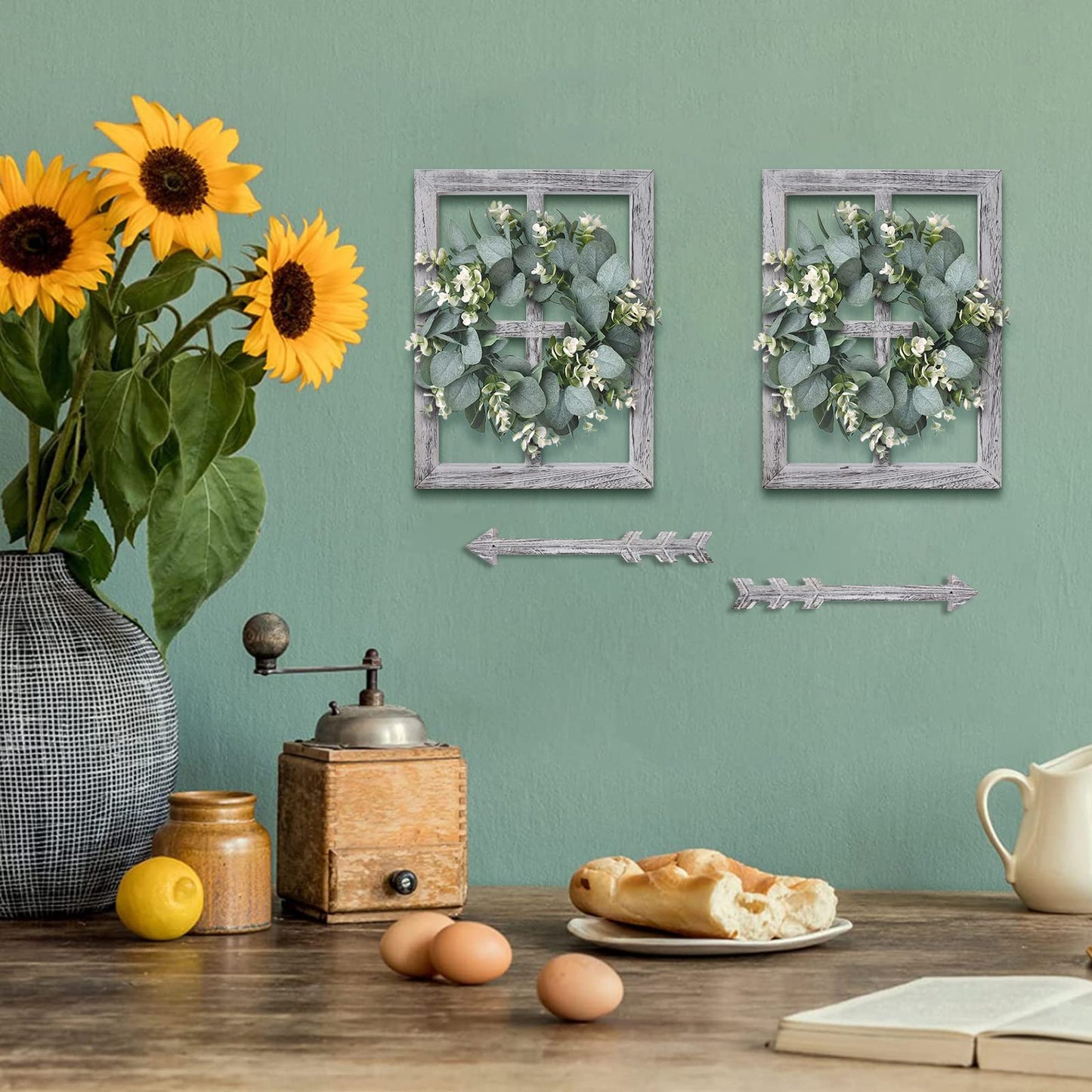 WAKOSAN Rustic Wood Window Frame Wall Decor with Wreath & Arrows, Set of 2