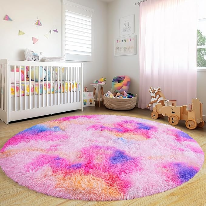 Round Fluffy Rugs 5Ft for Girls Bedroom, Dark Rainbow Shag Circle Kids Rug Non-Slip for Bedside Dorm Nursery Playroom, Soft Cute Area Rugs for Living Room Decor