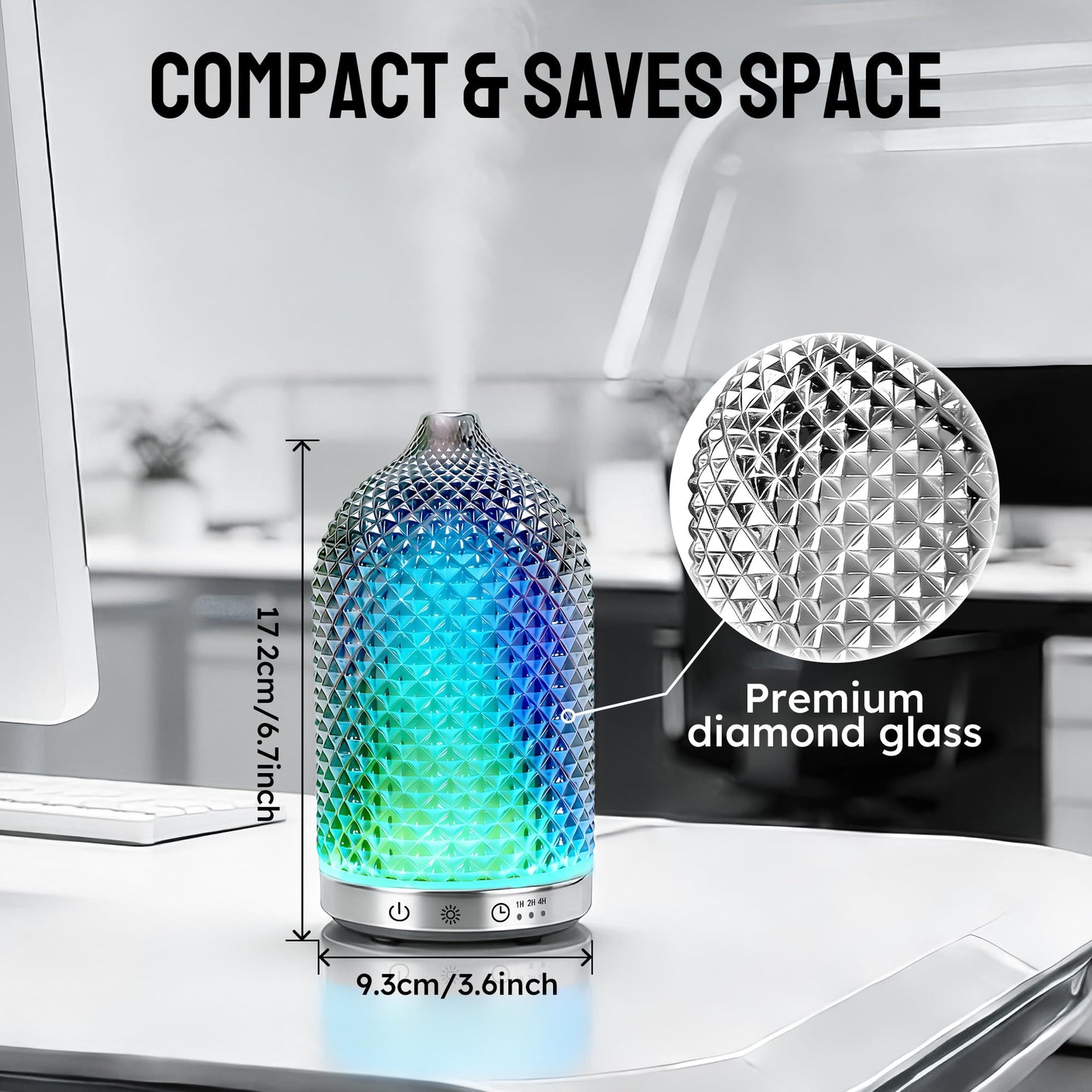 Peuesty Essential Oil Diffuser 150ml, Glass Diffuser with Ultrasonic Small Humidifier, 7 Color Lights, 1/2/4H Timer, Quiet Auto Shut-Off Oil Diffuser for Bedroom, Home, Office (Silvery)