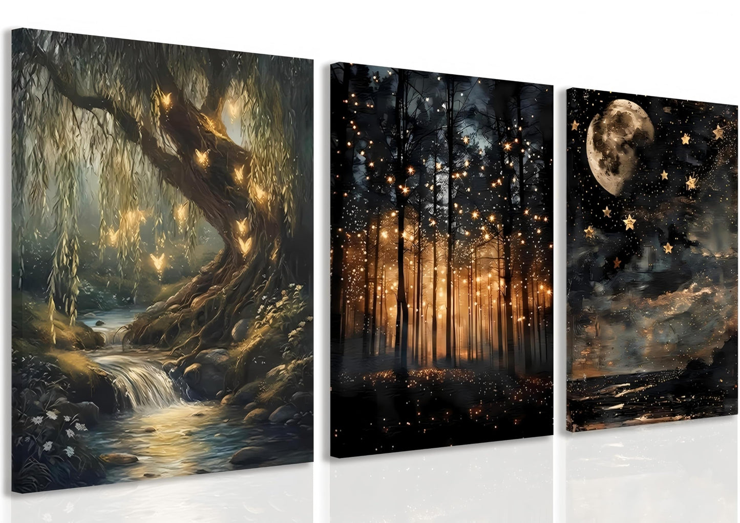 RYZopmuy Enchanted Forest Firefly Wall Art Set 3 Framed Moon Canvas Prints