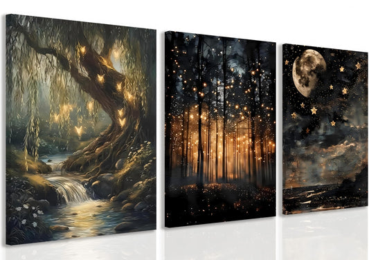 RYZopmuy Enchanted Forest Firefly Wall Art Set 3 Framed Moon Canvas Prints