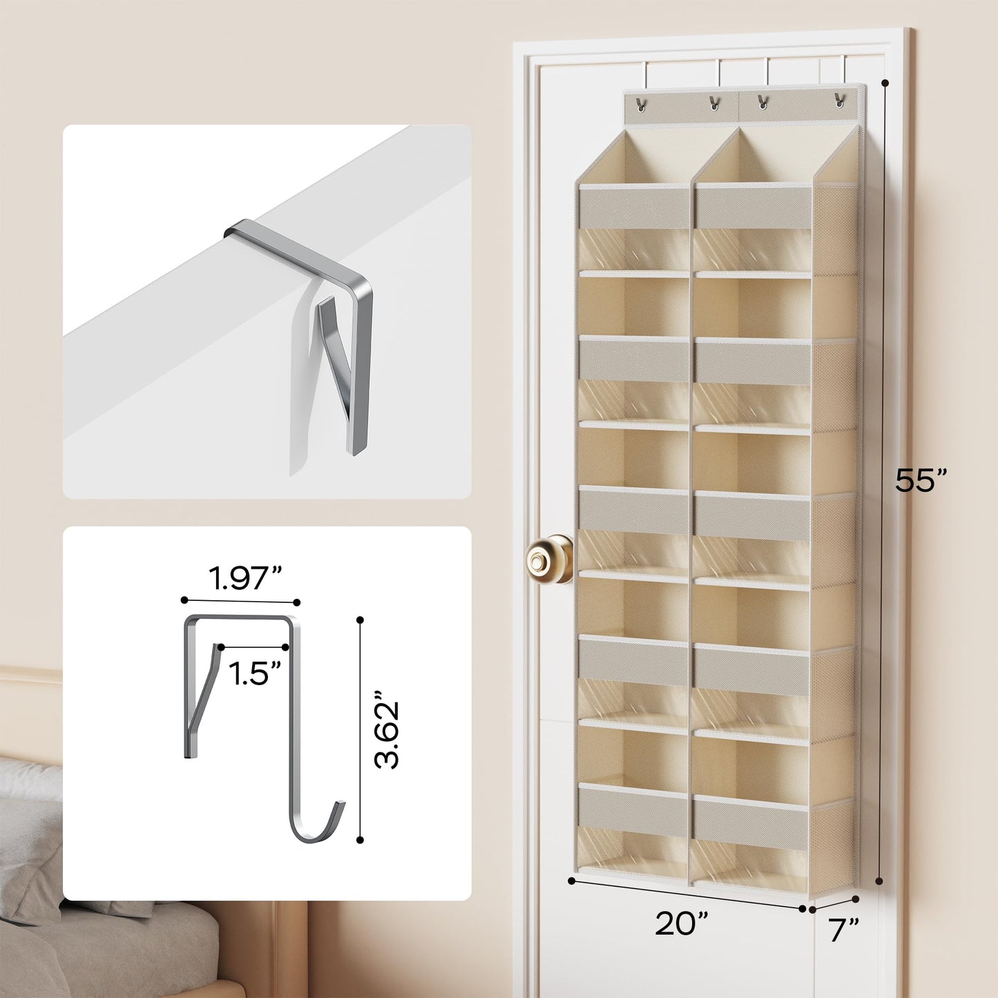 MAX Houser 5-Shelf Over The Door Hanging Organizer with 4 Metal Hooks，5 Pocket Over The Door Wall Mount Storage with Clear Windows for Bathroom Closet,Bedroom(Beige)
